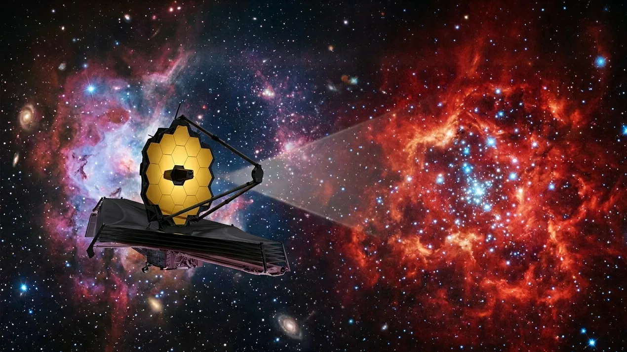 James webb telescope and red galaxy
